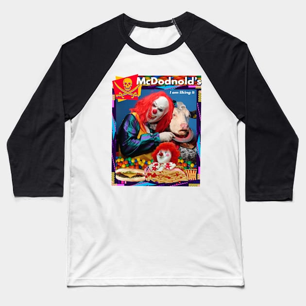 Halloween Horror Clown Fast Food Parody Spooky Retro 90's Goth Off Brand Knock Off Baseball T-Shirt by blueversion